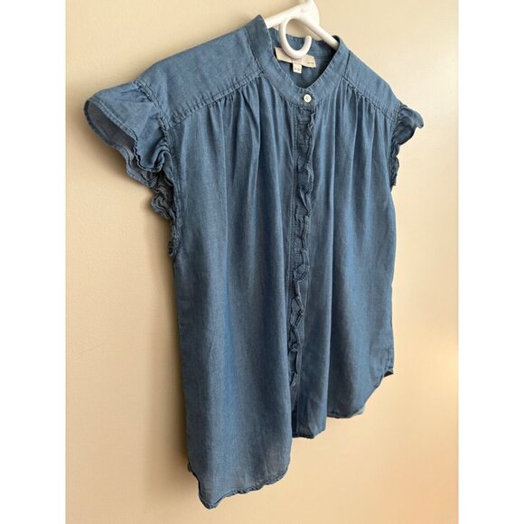 LOFT Petite Chambray Ruffle Button Front Short Sleeve Blouse Size Small - Picture 2 of 10